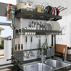 Over The Sink Dish Drying Rack,3 Tier Adjustable Length Full Stainless Steel Large Storage Kitchen Dish Rack,for Kitchen Counter Expandable Multifunctional Organizers,Silver (25.5'' to 37.6'') (Black)