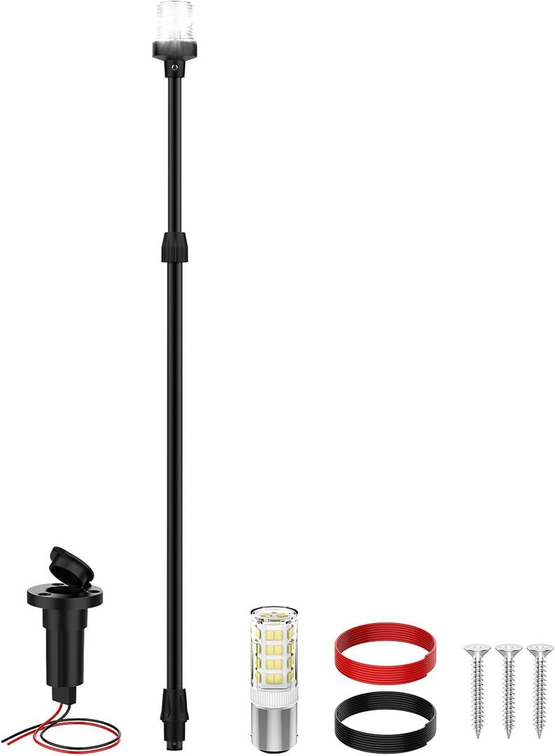 Boat Stern Light Anchor Light, 28"-48" Telescoping Pole Boat Lights LED with Base & Extra Bulb, Waterproof 3NM 360 All Round Marine Navigation Lights for Boats LED for Pontoon, Fishing, Bass Boats