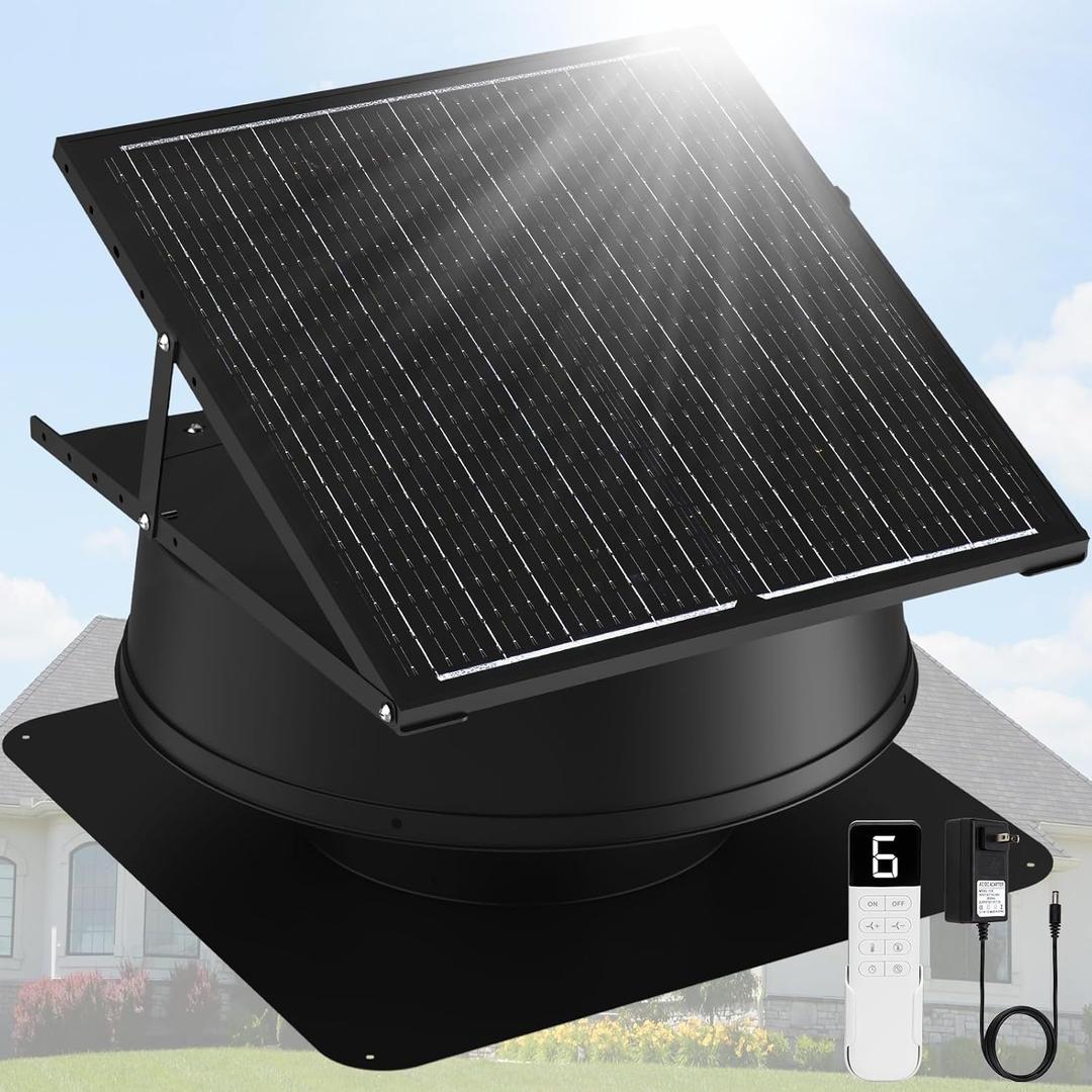 55W Solar Attic Fan with Thermostat, 12" 1200CFM Hybrid Solar Roof Vent Fan, Brushless Waterproof Solar Powered Attic Exhaust Fan Auto On/Off for Roof, Attic, Garage, Shed, Greenhouse, 22"D x 22"W x 10"H