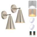 MWZ Brushed Nickel Battery Operated Wall Sconces Set of Two,Wireless Lighting with Remote Control, Modern Dimmable 2 Color Temperatures Adjustable Angle Wall Mount Lamp with Silver Metal Shade
