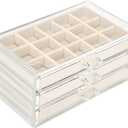 FEISCON Acrylic Jewelry Organizer Makeup Cosmetic Storage Organizer box Clear Jewelry Case with 3 Drawers Adjustable Jewelry Box Velvet Trays grid size