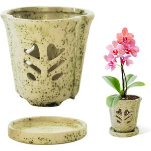 Orchid Pot 4 Inch, Ceramic Orchid Pots with Hole for Repotting, Beatiful Ice Cracked Glaze Ceramic Flower Plant Pot with Saucer, Breathe Easy and Healthy for Orchid Plants. (S1 Mossy Green)