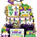 Jetec 11 Pcs Mardi Gras Tiered Tray Decor Mardi Gras Mask Table Wooden Sign Purple Gold Green New Orleans Carnival Table Sign Venetian Masquerade Party Centerpiece for Home Kitchen Bar Decoration