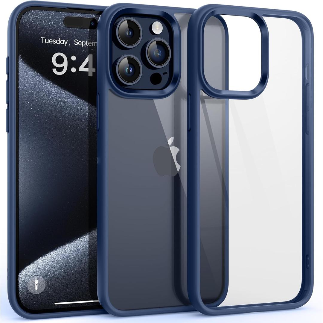 Supdeal Shockproof Clear Case for iPhone 15 Pro, [Not Yellowing] [10FT Military Drop Protection] Hard Clear Back Four Corner Airbags Drop Protection Phone Cover, 6.1 inch, Dark Blue