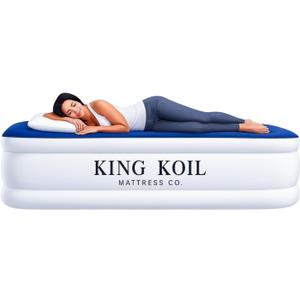 King Koil Luxury Twin Air Mattress with Built-in Pillow Top & Integrated High-Speed Patented Pump 20" Inflatable Twin Blow Up Airbed for Camping, Home & Guests, Waterproof (Blue)