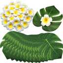 Thiccywoov 60 Pcs Tropical Party Decor Supplies 30 Pcs 8" Fak Monstera Leaves 30 Pcs 2.75" Artificial Plumeria Flower and Glue for Hawaiian Luau Jungle Beach Theme Table Wedding Party (White)
