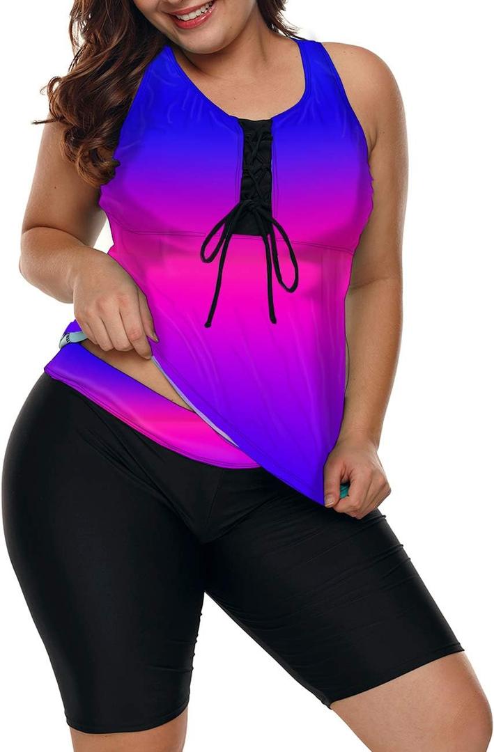 LALAGEN Womens 2025 Plus Size Tankini Swimsuits Rash Guard Capris Athletic Two Piece Swimwear Bathing Suits for Women S-5X (XX-Large, Blue Purple)