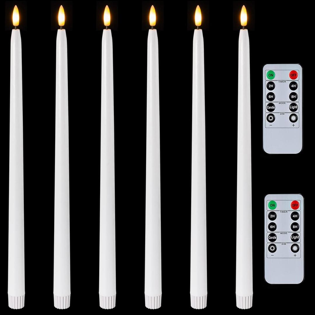Homemory 15 inches Real Wax Flameless Taper Candles with Remote Timer, 6 Pcs White LED Taper Candles Battery Operated with 3D Flickering Flame, Window Candles Led Candlesticks for Dinners Home Decor