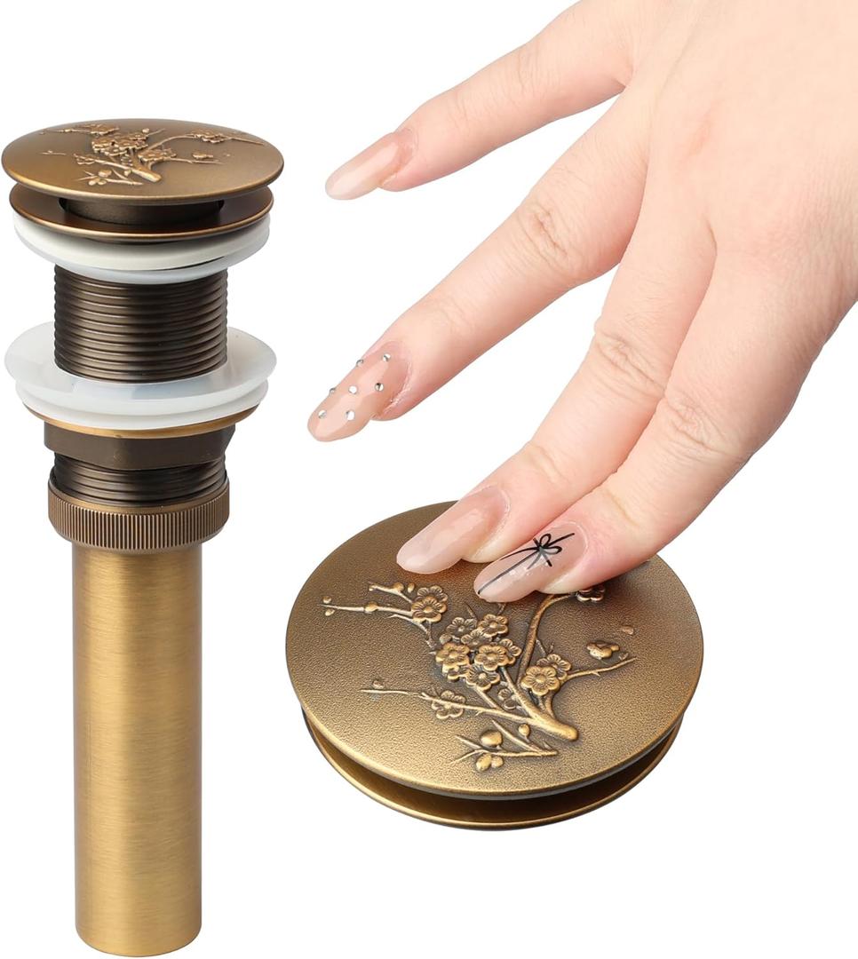 Pop-Up Sink Drain - Antique Brass Bathroom Basin Stopper with Engraved Floral Design, Quick Drainage & Removable Strainer (Solid Brass Press and Bounce Mechanism)