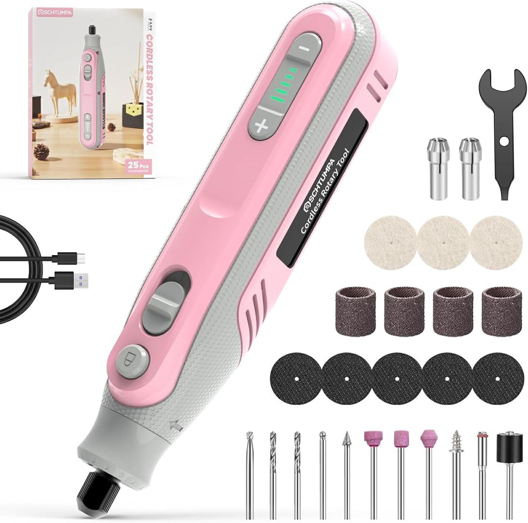 Cordless Rotary Tool 4V Pro, 5-Speed Rotary Tool Kit for Artists & DIYers - LED Display - Beginner Friendly - 18 Upgraded Accessories (Pink)