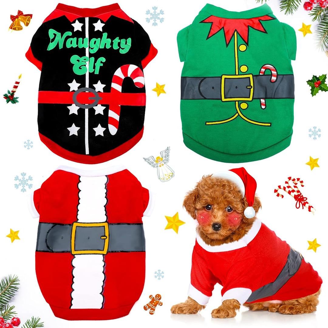 Xuniea 3 Pieces Christmas Dog Shirt Soft Dog Santa Costume Warm Puppy Outfit Cute Xmas Clothes for Small Medium Pet Christmas Cosplay Apparel(S (3-5 lbs))