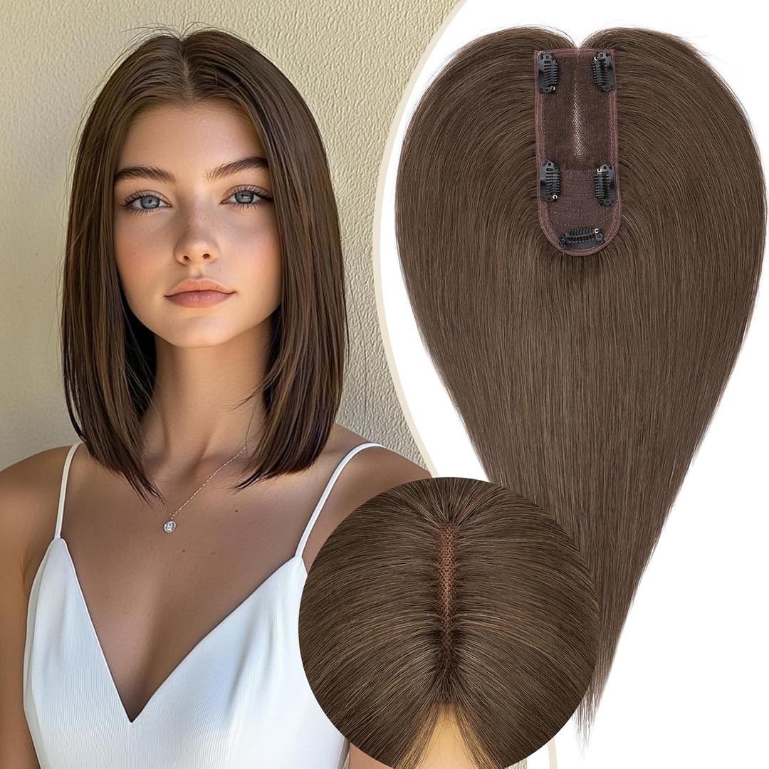 Rich Choices Hair Toppers for Women Real Human Hair 100% Human Remy Toppers for Women with Thinning Clip in NO Bangs Upgrade Extended 2"*6"Lace Base 150% Density 12 Inch # 02 Brown