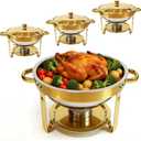 Gold Chafing Dish Buffet Set, 4-Pack 6QT 304 Stainless Steel Round Food Warmers with Lids, Water Pans & Fuel Holders for Catering, Wedding Receptions & Parties