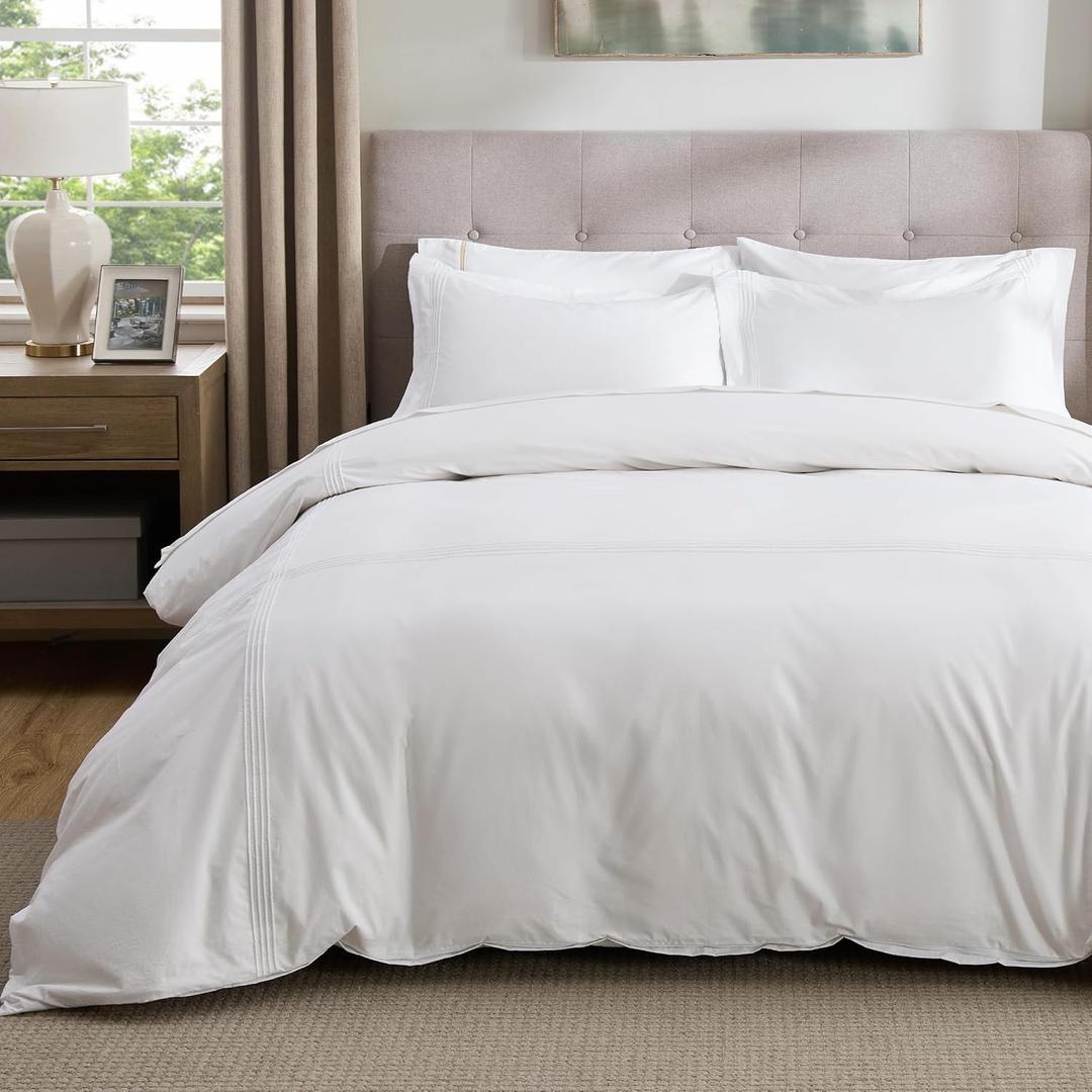 Bedsure Luxury Hotel Duvet Cover Queen Size, 100% White Cotton Rope Weave Bedding Set, Includes 1 Duvet Cover 90x90 Inches with Hidden Zipper & 2 Pillow Shams, Comforter Sold Separately