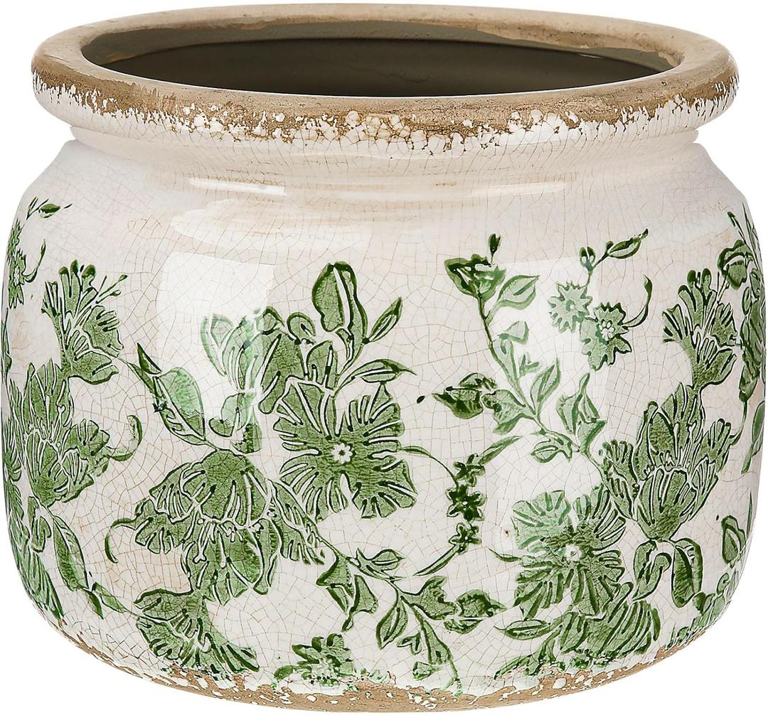 7.7" Large Ceramic Plant Pot Beige Green Vintage Floral Crackle Glaze Rustic Flowers Pot Decorative Planter with Drainage for Indoor Outdoor Plants Home Kitchen Office Decor Gift