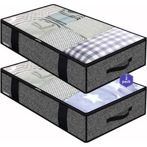 Onlyeasy Foldable Underbed Bags 2 Pack - Blankets Clothes Comforters Storage Bag Breathable Zippered Organizer for Bedroom with Clear Window and 4 Handles, 39.4x19.7x5.9 in, Linen-like Grey, MXDUBBP2