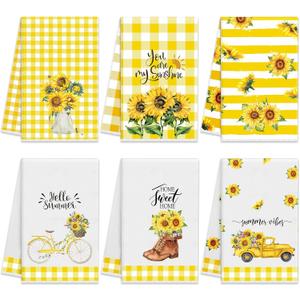 Oudain 6 Pcs Sunflower Kitchen Dish Towels Sunflower Absorbent Tea Towels Reusable Fast Drying Cleaning Dishcloths for Christmas Housewarming Gift (Yellow)