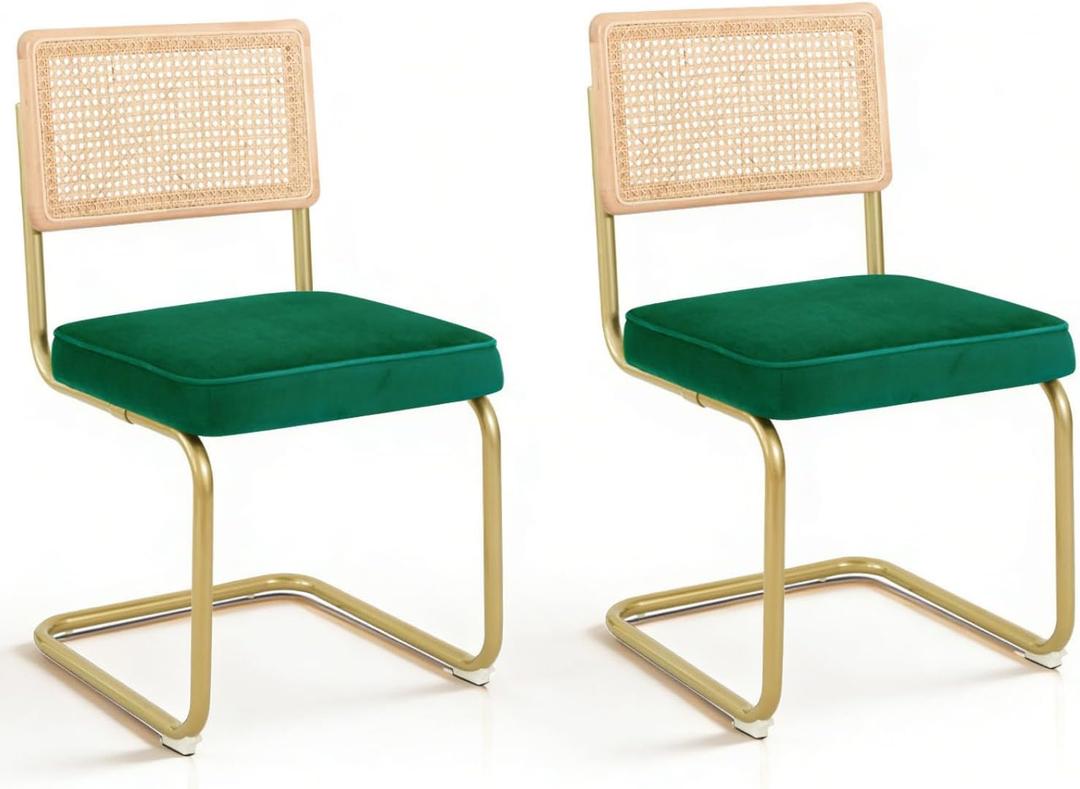 Mid-Century Modern Dining Chairs Set of 2, Velvet Upholstered Seat with Natural Rattan Backrest, Armless Side Chairs with Metal Legs, Ergonomic Design for Home Kitchen Dining Room, Green, CangLong