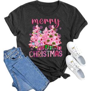Merry Christmas Shirts for Women Funny Xmas Tree Graphic T-Shirt Christmas Casual Holiday Short Sleeve Tee Top (XL, 1 Dark Grey）