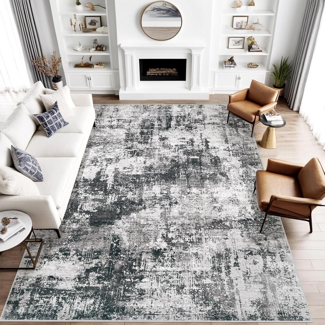8x10 Area Rug for Living Room: Washable Abstract Soft Rugs Non Slip Modern Stain Resistant Low Pile Carpet for Dining Room Bedroom Nursery Office (Black Grey, 8'x10')
