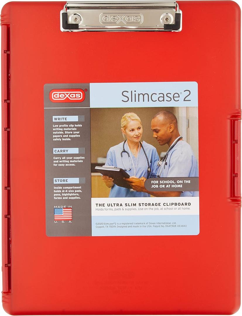 Dexas Slimcase 2 Plastic Clipboard with Storage and Side Opening, Strawberry Red, Office Supplies Clipboards to Organize, Carry and Store, A4 Holder, Style and Functionality Nursing Clipboards