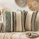 ANRODUO Pack of 2 Boho Decorative Throw Pillow Covers 26x26 Farmhouse Cushion Case Striped Chenille Pillow Cases Square Pillow Covers Accent Neutral Pillowcase for Sofa Couch Bed, Olive Green Stripe