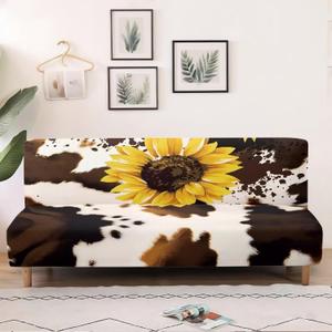 Sunflower Brown Cow Print Armless Sofa Couch Bed Slipcovers with Elastic Bands for Home Living Room Easy to Install Non Slip Futon Dust Cover Machine Washable