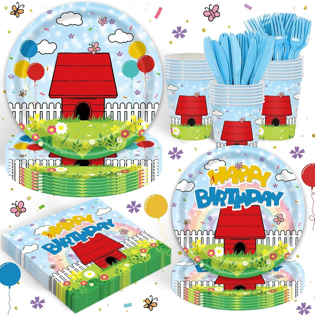 120 Pcs Pack Cartoon Dog Red House Party Supplies Cartoon Tableware Set Kids Boys Girls Birthday Party Decoration Red and Blue Disposable Tableware Party Kids Decoration