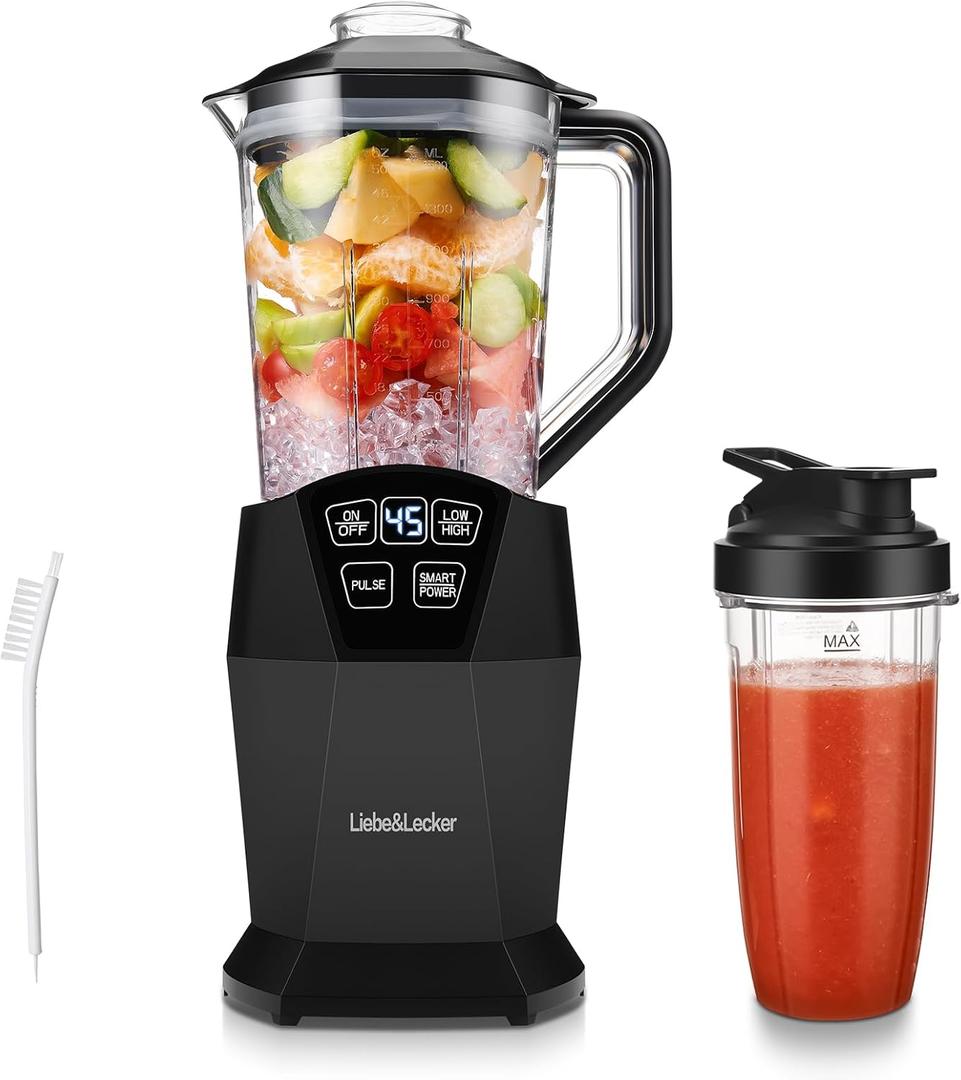 Personal Blender with 1200W-Peak-Watts, Smoothie Blender Smart technology for Frozen Drinks, Shakes, Smoothies & Sauces, with two 28-oz To-go Cups & Spout Lids, Black (1 * 28oz Cup+1 * 50oz Pitcher)