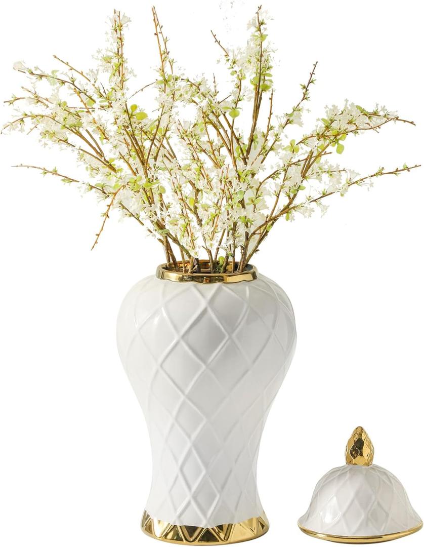 Ginger Jars for Home Decor, White and Gold Vase, Decorative Ceramic Ginger jar with lid, Porcelain Flower Vase for Centerpieces Jarrones, Storage jar, Table Center Vase, Temple Jar(18in)