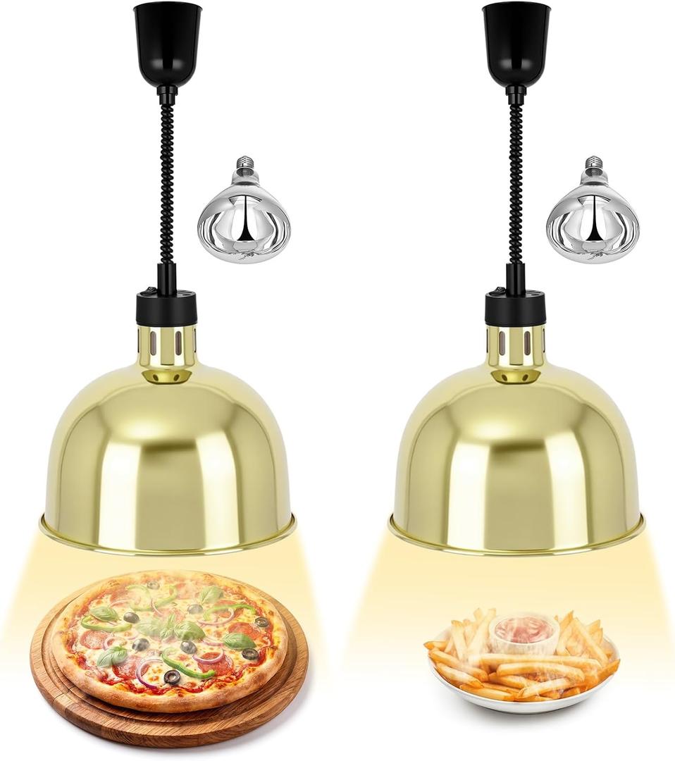 Nuanchu 2 Pack Hanging Food Heat Lamp Retractable with 250w Heating Bulb Commercial Infrared Food Service Warmer Fry Heating Light for Buffet Restaurant Kitchen Use (Gold,Dia 29cm)