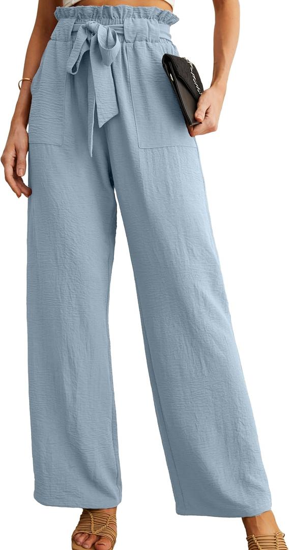 IWOLLENCE Women's Wide Leg Pants with Pockets High Waist Adjustable Knot Loose Casual Trousers Business Work Casual Pants Haze Blue, XX-Large