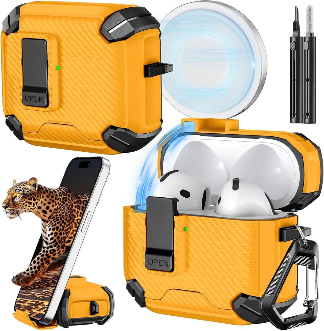 Inesore Compatible with AirPods 4th Case with Phone Stand & Cleaning Kit,Compatible with Magsafe,Magnetic Automatic Lock for Airpods 4 with Active Noise Cancellation Charging Cover (2024) Yellow