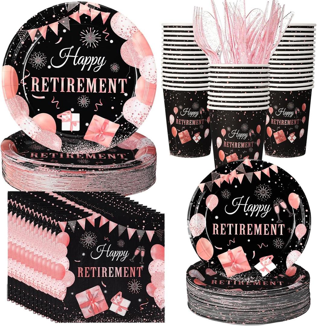 400 Pcs Happy Retirement Party Supplies Rose Gold Retirement Disposable Paper Plates Napkins and Cups for Men Women Say Goodbye Decorations (Pink)