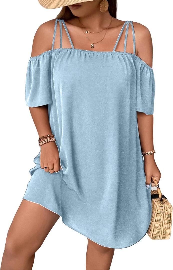 SOLY HUX Women's Plus Size Dresses Off Shoulder Short Sleeve Short Dresses Causal Loose Tunic Summer Dress (3X-Large Plus, Solid Light Blue)