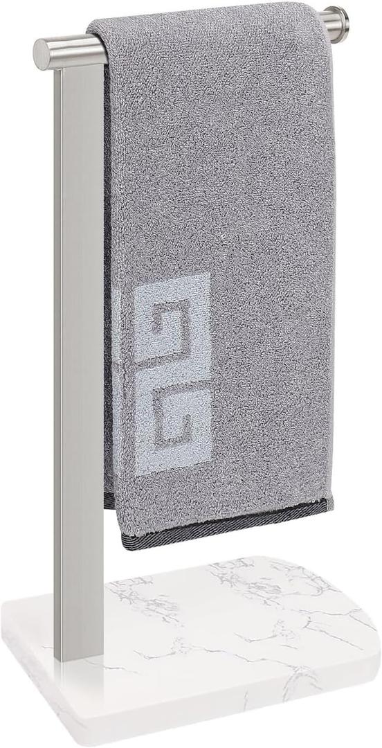 NearMoon Hand Towel Holder with Balanced Marble Base, 304 Stainless Steel Stand Towel Ring L Shape Hand Towel Rack Free-Standing Towel Bar for Bathroom Kitchen Countertop (Single Rod, Brushed Nickel)