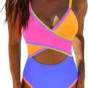 popvil One Piece Swim Suit for Women 2026 Neon Bathing Suit Cut Out Wrap Color Block Swimsuits Shell Stitched Swimwear (S)