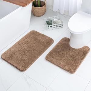 MIULEE Light Brown Bathroom Rugs Set 2 Piece, Soft Absorbent Microfiber Bath Mat and U-Shaped Contour Toilet Rug, Non Slip Quick Dry Washable Plush Shaggy Bath Rugs for Bathroom20"x20"+16"x24"
