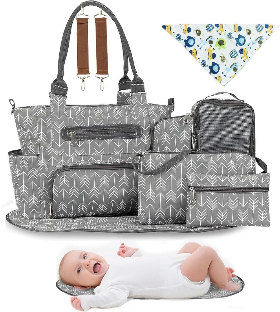 Moclever 8pc Diaper Tote Set, Baby Essentials with Multifunctional Diaper Bags, Bottle & Mesh Bag (Darkgrey)