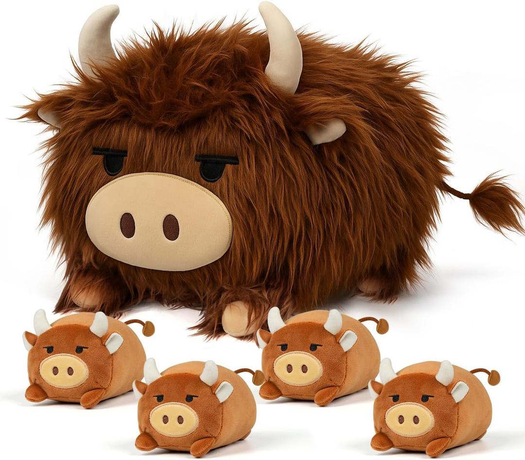 YIIQUWEN Highland Cow Stuffed Animal, Highland Cow Mommy Plush Set with 4 Baby Calves, Soft Stuffed Toy Pillow, Cute Birthday for Kids Boys Girls