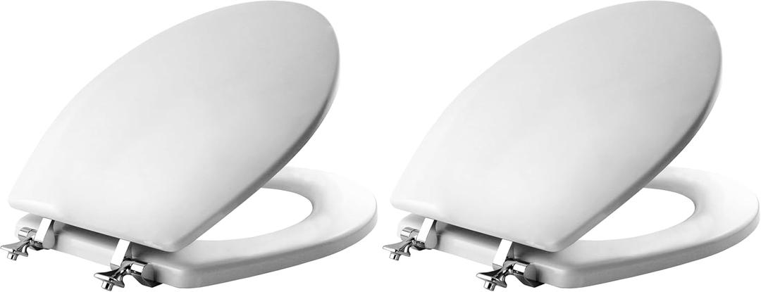MAYFAIR 844CP 000 Edgewater Toilet Seat with Chrome Hinges will Never Come Loose, ROUND, Durable Enameled Wood, White (Pack of 2)