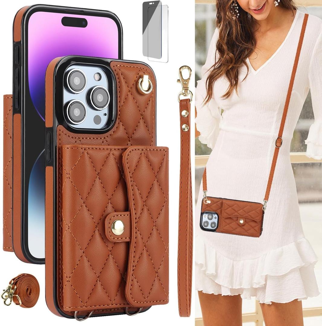 6.7" Crossbody Wallet Case for iPhone14 Pro Lanyard Crossbody/Wrist Strap, RFID Blocking, Women PU Leather Purse Kickstand RE-C (Brown, iPhone 14 Pro)