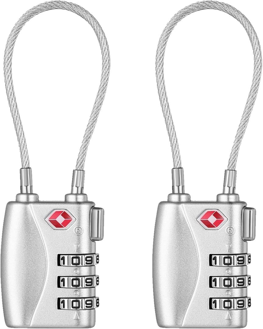NAGE Luggage Locks TSA Approved, Small Padlock for Luggage, 3 Dial Combo TSA Locks Resettable, 5.5in Flexible TSA Cable Gun Locks, Anti Theft Backpack Lock, Suitcase Lock (2 Pack, Silver)
