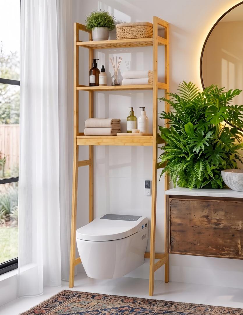 BAMBANG Over-the-Toilet Storage Shelf, 3-Tier Freestanding Bathroom Shelves with Adjustable Shelf Height and 3 Hooks, Space-Saving Organizer Rack Above Toilet, Bamboo Natural