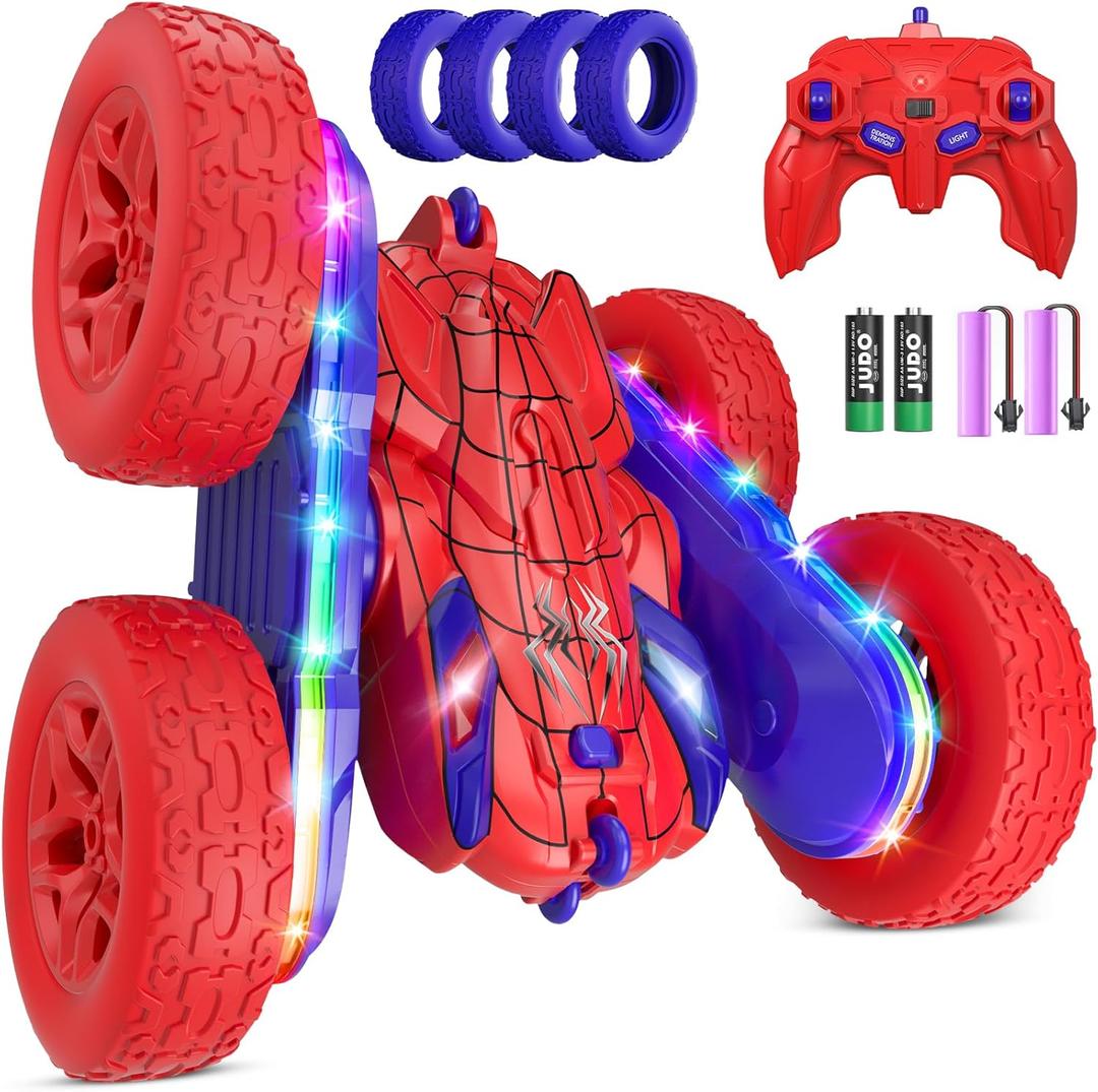 2 x Spider RC Cars Toys for Boys 4-6, 2.4GHz Remote Control Car with 26 LED Light System, 360 Flips, Changeable Wheels, Rechargeable All-Terrain Truck Gift for Kids Ages 4-8 (Blue&red-led)