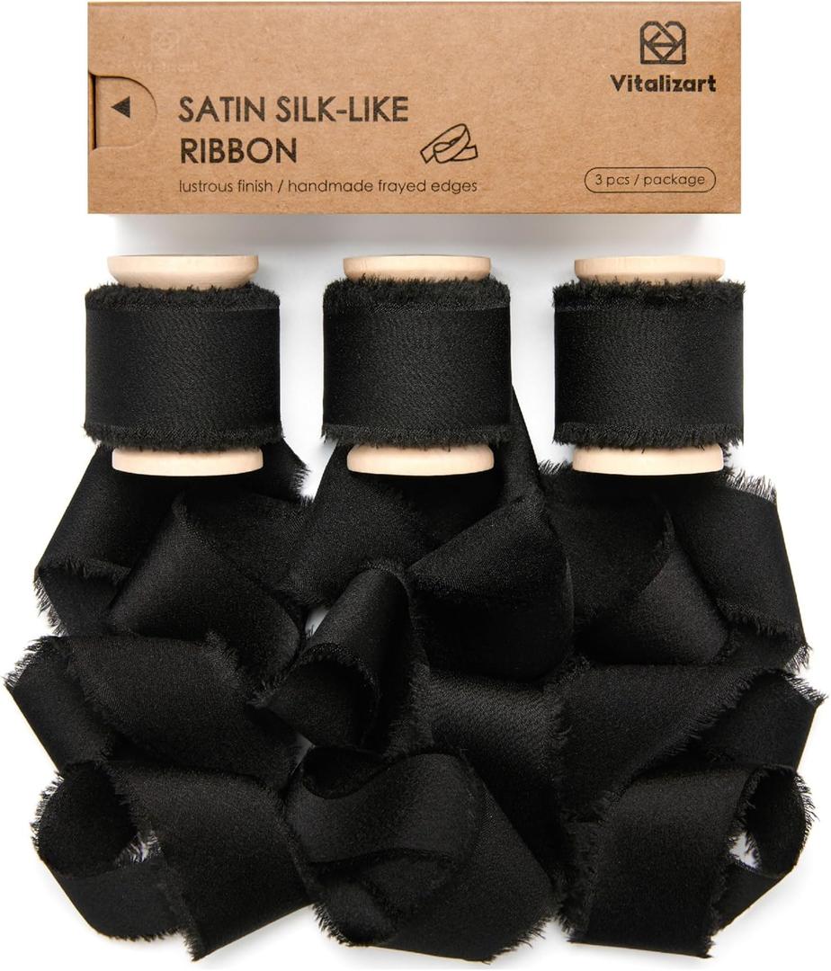 Vitalizart Black Silk Satin Ribbon 1 Inch x 15 Yard Wooden Spool Handmade Frayed Ribbon for Gift Wrapping Baby Shower Wedding Bridal Bouquets Holiday Decor 3 Rolls x 5 Yard