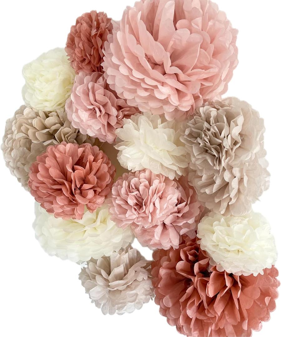 Vidal Crafts 20 Pcs Party Tissue Paper Pom Poms Set - Blush Pink Tissue Paper Flowers Decorations for Birthday Party, Bachelorette, Bridal Shower Decorations, Wedding, Baby Shower Decor, 6" to 14"