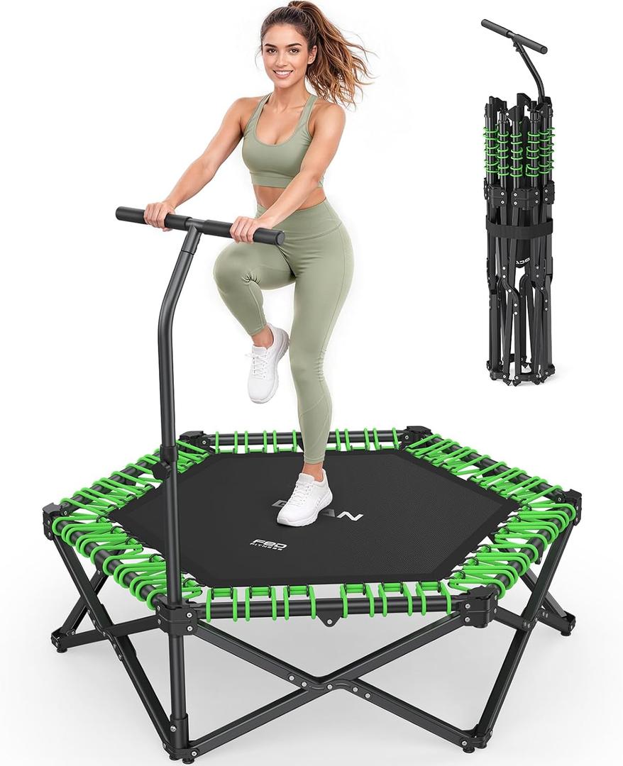 BCAN 51" BT8 Fully Foldable Bungee Rebounder Trampoline for Adults with Handle, 500 lbs Capacity, Large Jumping Area, Low-Impact Mini Exercise Trampoline for Indoor Workout, Quick Setup | FED Fitness