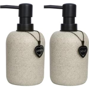 Hand and Dish Soap Dispenser Set for Bathroom and Kitchen, 2PCS Resin Bottles with Black Heart Necklace, Easy Press Lotion Pump, Creative Sand Design, Eco-Friendly for Soap and Lotion