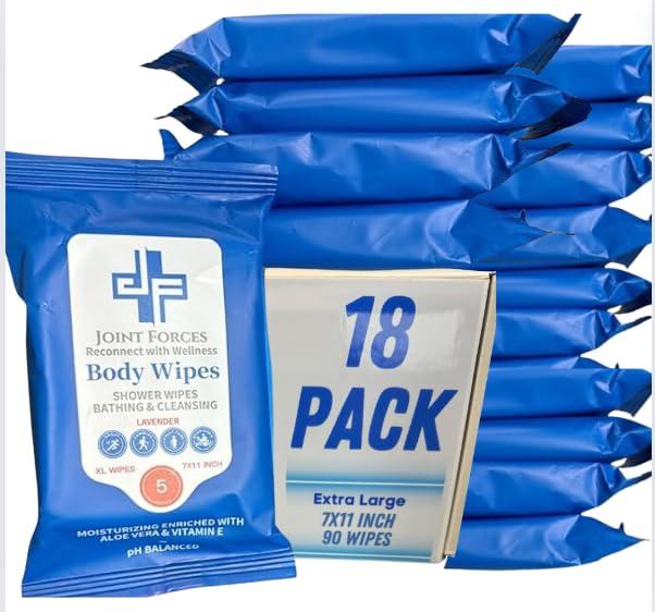 Joint Forces Rinse-Free Body Wipes (18 Pack) - 18 XL Shower Wipes for Adults, Bathing, Traveling, Camping, Gym, Car, Elderly, Bedridden, Personal Hygiene, Disposable, No Rinse Required (18 Pack)